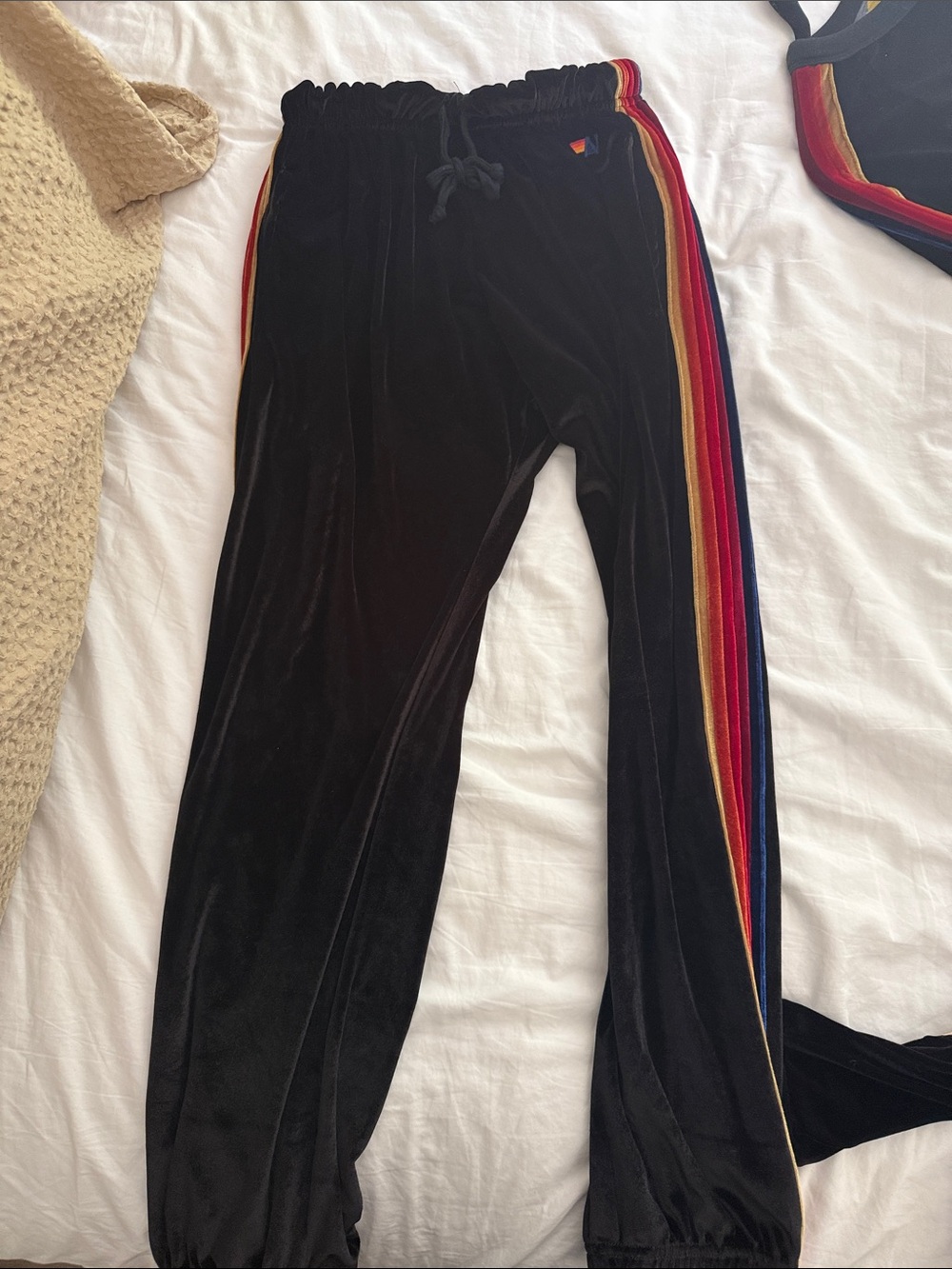 Aviator Nation Black Velour Track Pants with Rainbow Side Stripes